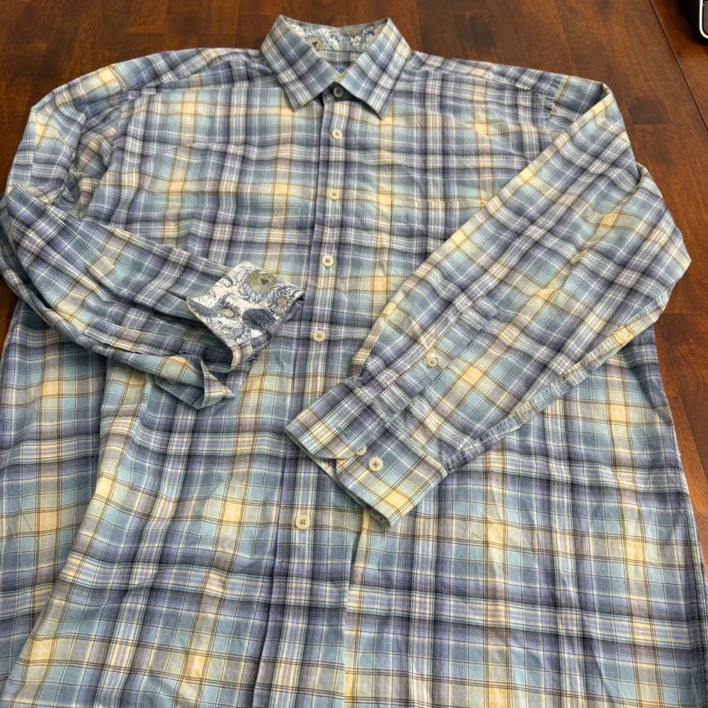 Alan Flusser Mens Blue Yellow Plaid Cotton Button Down‎ Shirt Floral Cuff Large